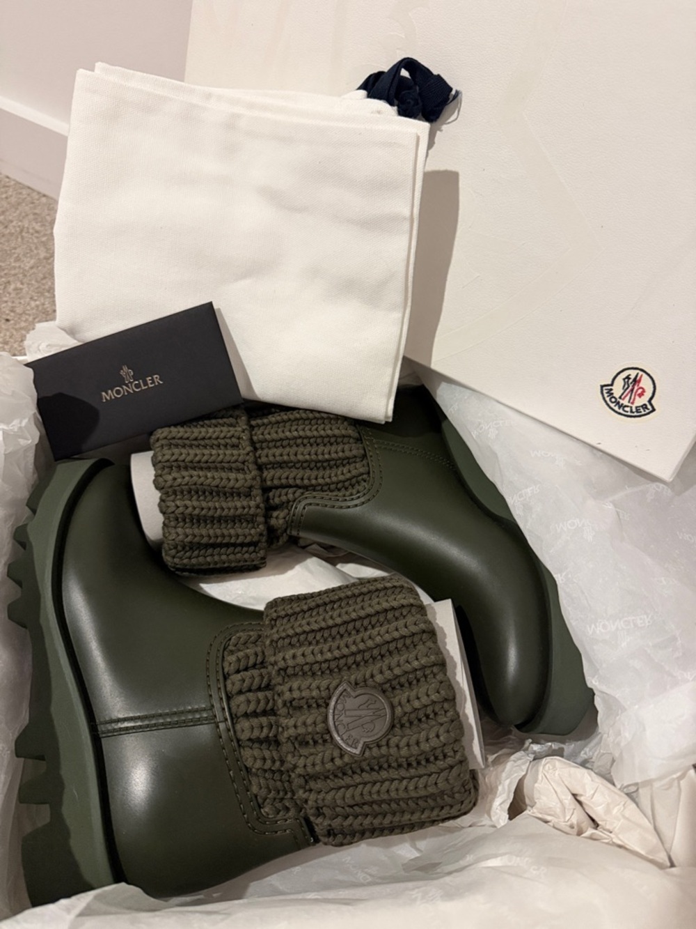 Moncler Olive Green Knit-Cuff Rubber Boots